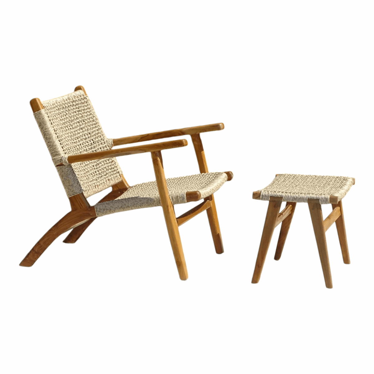 Fauteuil et son repose pied en bois de teck et corde synthétique