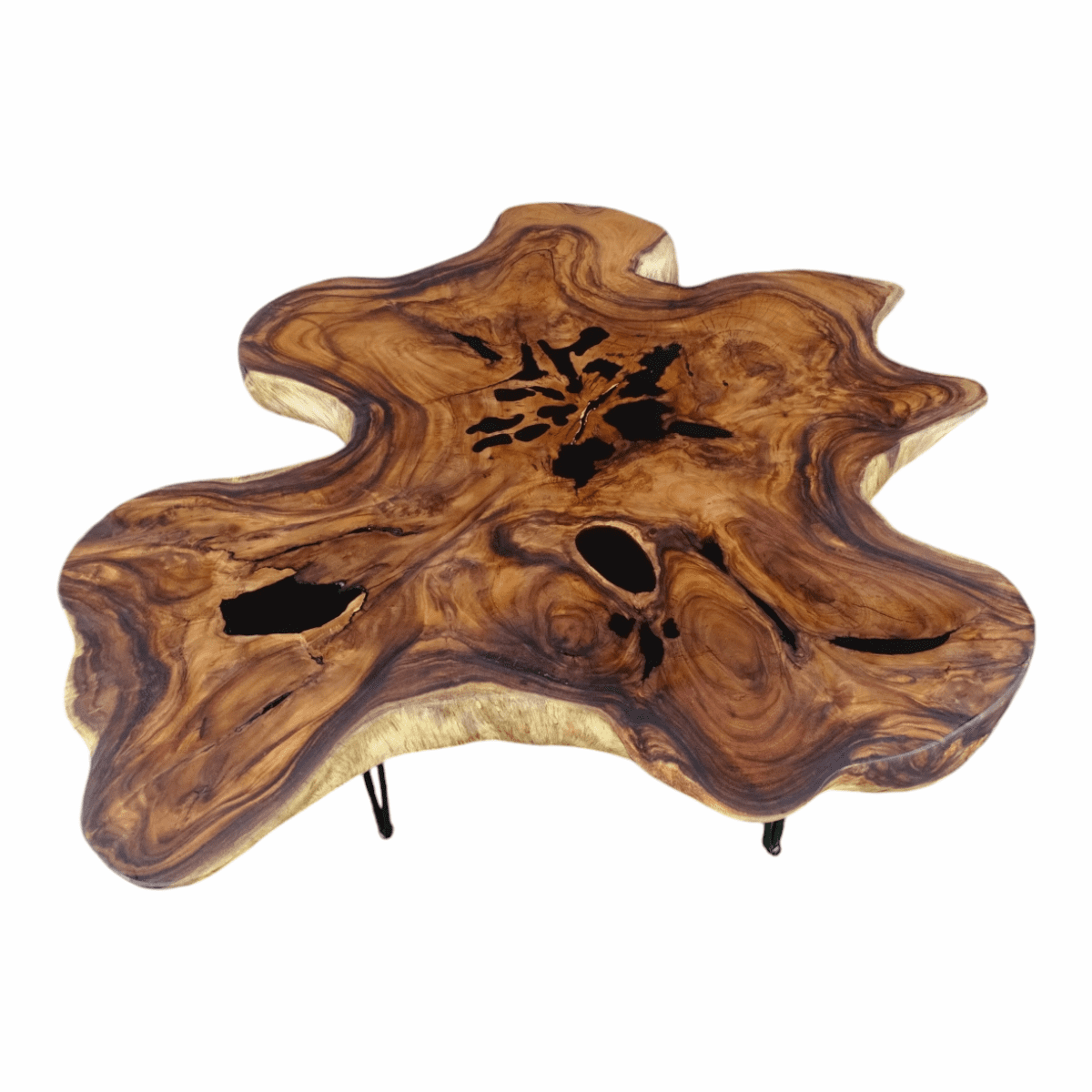 table basse en bois de suar et finitions en résine epoxy noire